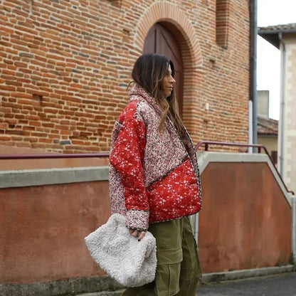 Veste Matelassée Éthnique à Imprimé Floral en Couleurs Contrastées - Élégance et Style Décontracté